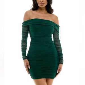 B Darlin Juniors' Off-The-Shoulder Ruched Mini Dress 🥻Color : Hunter